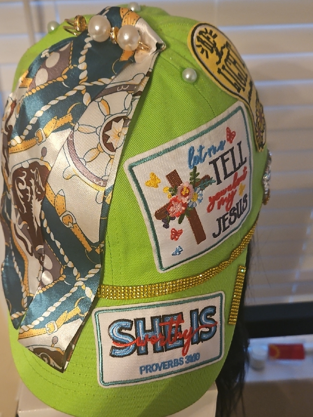 Lime Patchwork Statement Baseball Cap with Pearl Accents
